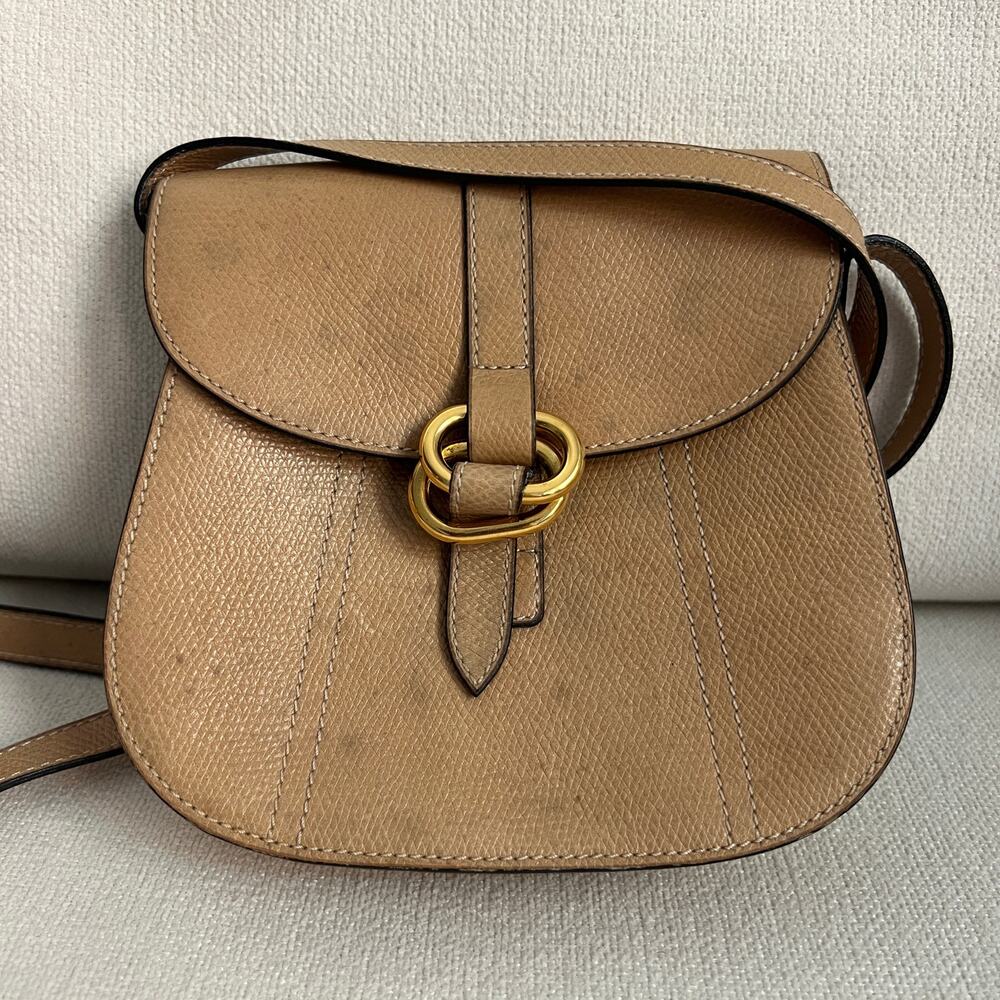 Vintage Delvaux Grained Leather Crossbody Shoulder Bag Beige Taupe Tan